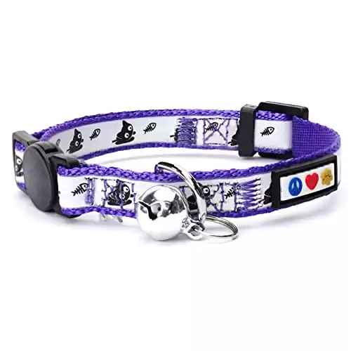 Pawtitas Glow in The Dark Cat Collar with Safety Buckle and Removable Bell Cat Collar Kitten Collar Purple Cat Collar