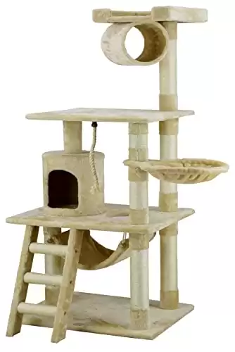 Go Pet Club Classic Cat Tree, Faux Fur Finish, Sisal Rope Scratcher, 62″H, Beige