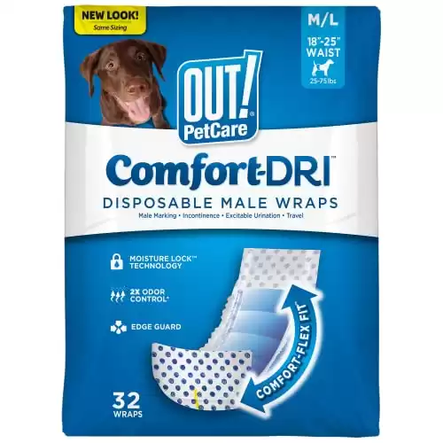 OUT! Pet Care Disposable Male Dog Diapers | Absorbent Male Wraps with Leak Proof Fit | Medium/Large, 32 Count