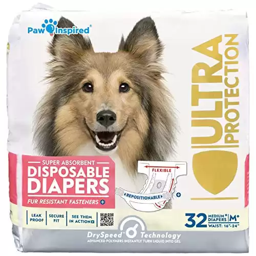 Paw Inspired Disposable Dog Diapers | Female Dog Diapers Ultra Protection | Diapers for Dogs in Heat, Excitable Urination, or Incontinence (Medium Plus (32 Count))